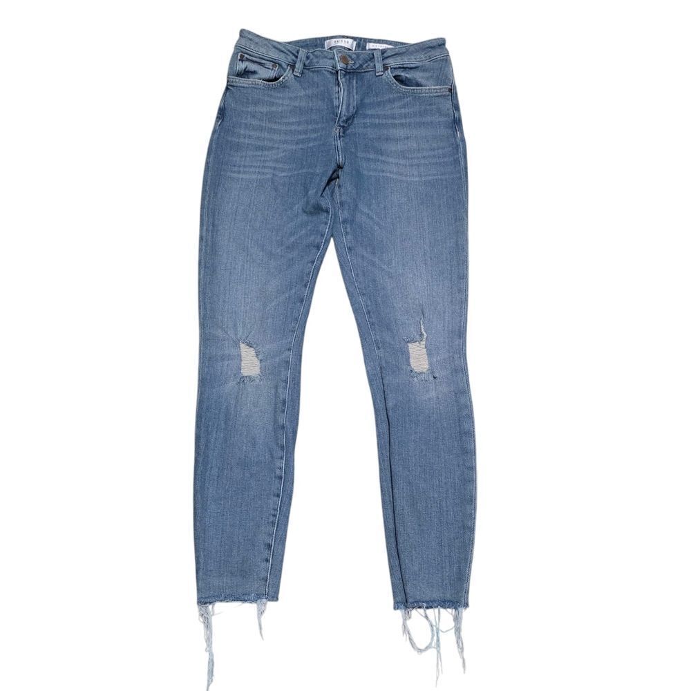 Guess Mid Rise Skinny Distressed Jeans With Raw Hemline